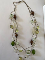 Triple Strand Silver tone Chunky Feature Focal Necklace Neutral Green Bronze Tone