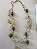 Triple Strand Silver tone Chunky Feature Focal Necklace Neutral Green Bronze Tone