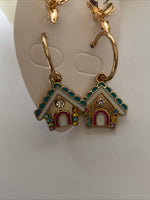 Christmas Twin Set Holly Studs House Hoop Earrings Pierced Gold Plate  Festive