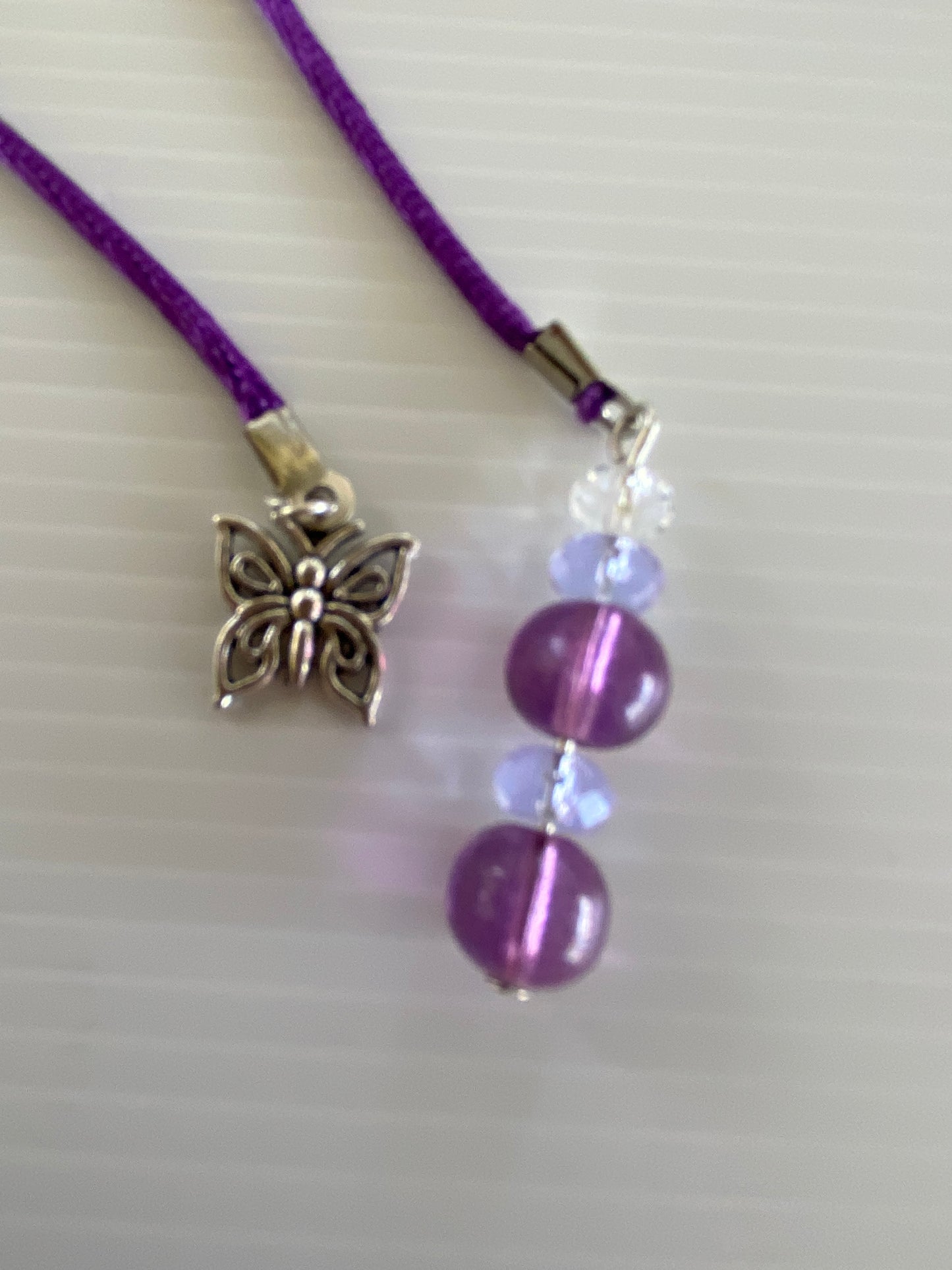 Beaded  Silk Cord Book Mark Book Thong Butterfly  Charm Dark Purple Glass Beads gift