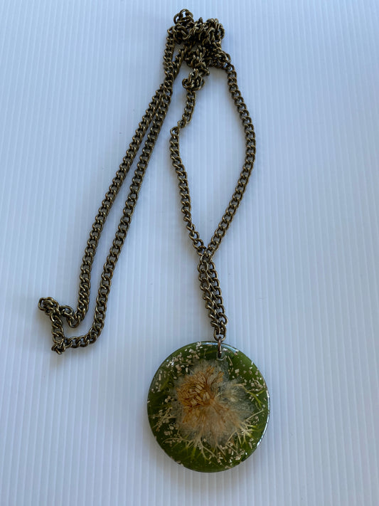 Floral large Pendant Olive Green Colour long oval link chain no clasp