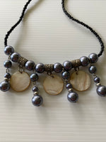 Black  Beaded Short Necklace Choker Blue Grey Glass pearl shiny round disc drops