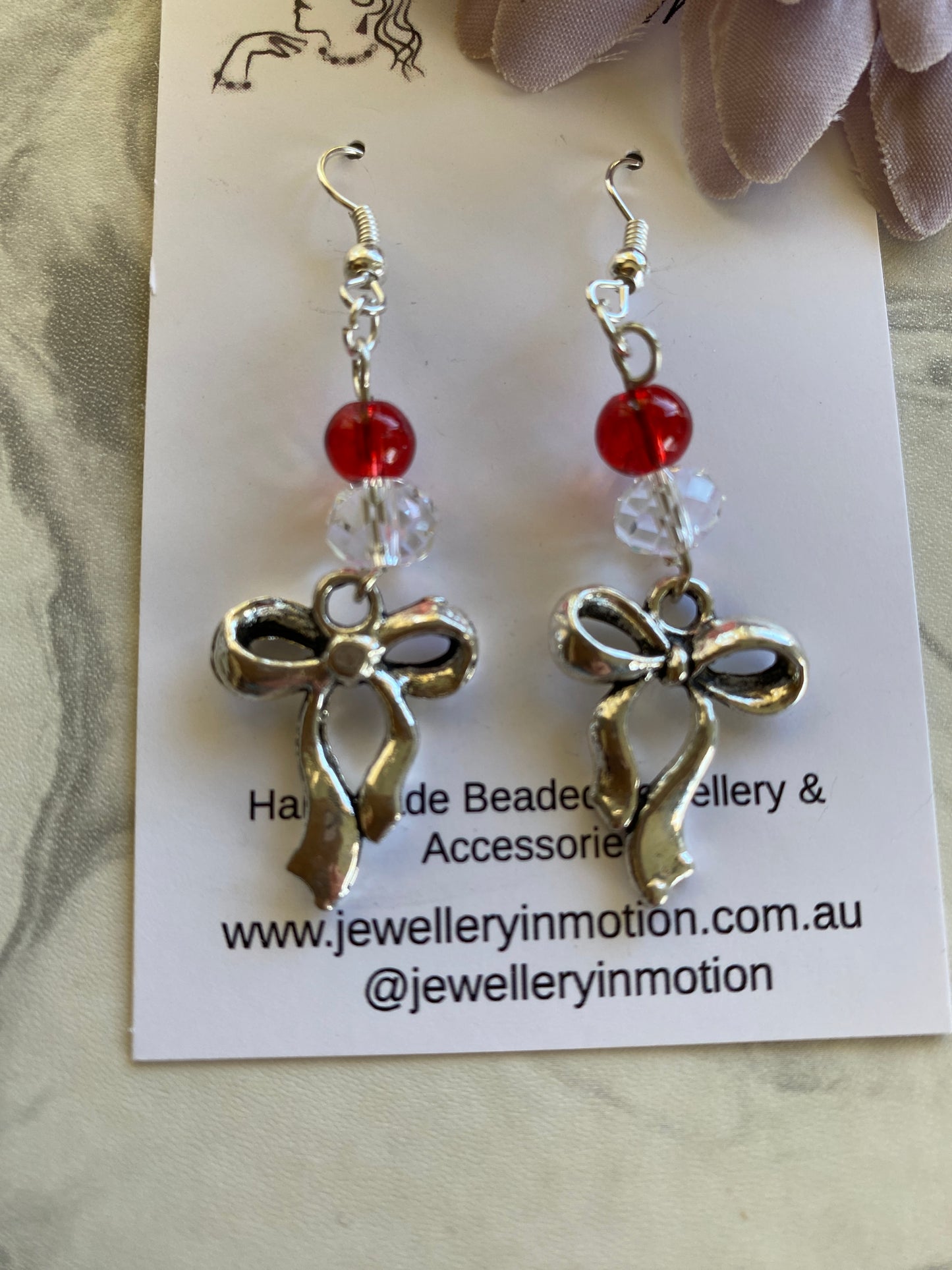 Silver tone Bow Dangle Earrings with Red & Clear Crystals - Pierced *THIS ITEM FREE SHIPPING
