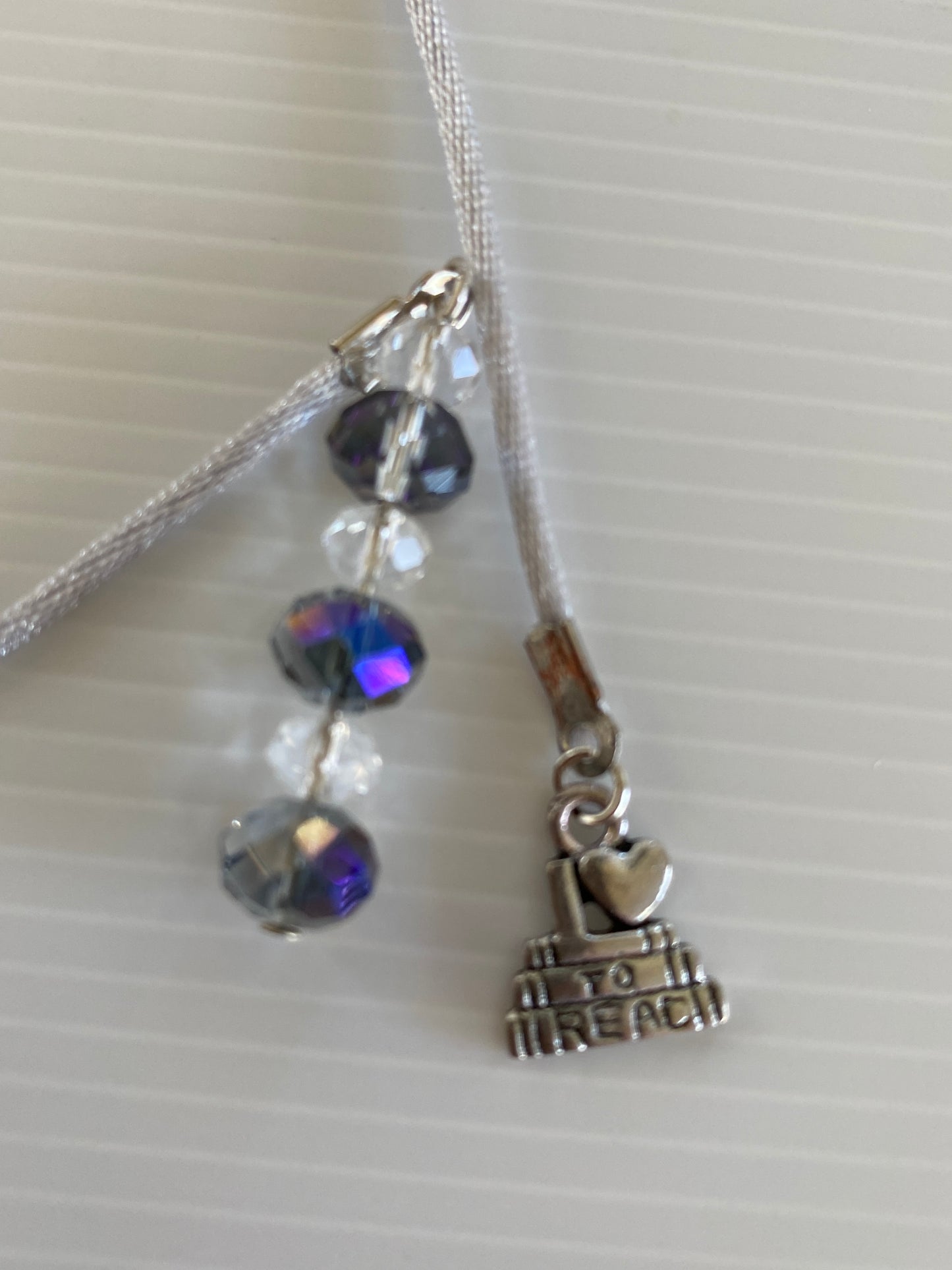 Beaded Silk Cord Book Mark Book Thong I Love Books Charm Light Grey ab Glass Crystals gift