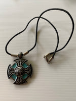 Short Round Metal Cross Detailed Green  Feature Pendant Cord  Necklace Choker