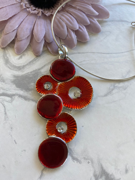 Retro Style Round Red Pendant with Diamantes on Silver Plate Necklace