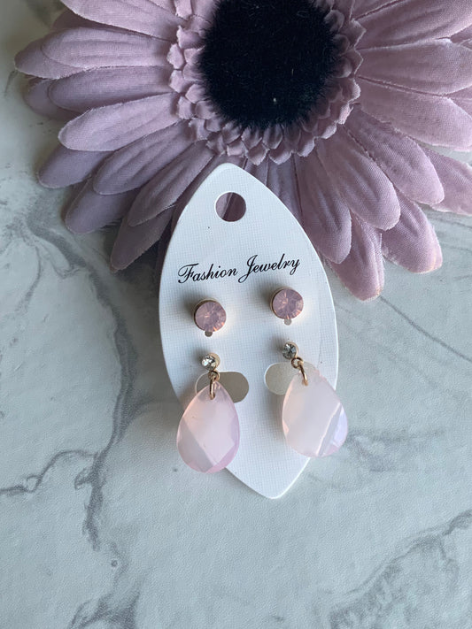 Rose Teardrop Dangle Drop with Round Rose Stud Earrings Duo Set Pierced