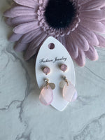 Rose Teardrop Dangle Drop with Round Rose Stud Earrings Duo Set Pierced