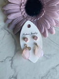 Rose Teardrop Dangle Drop with Round Rose Stud Earrings Duo Set Pierced