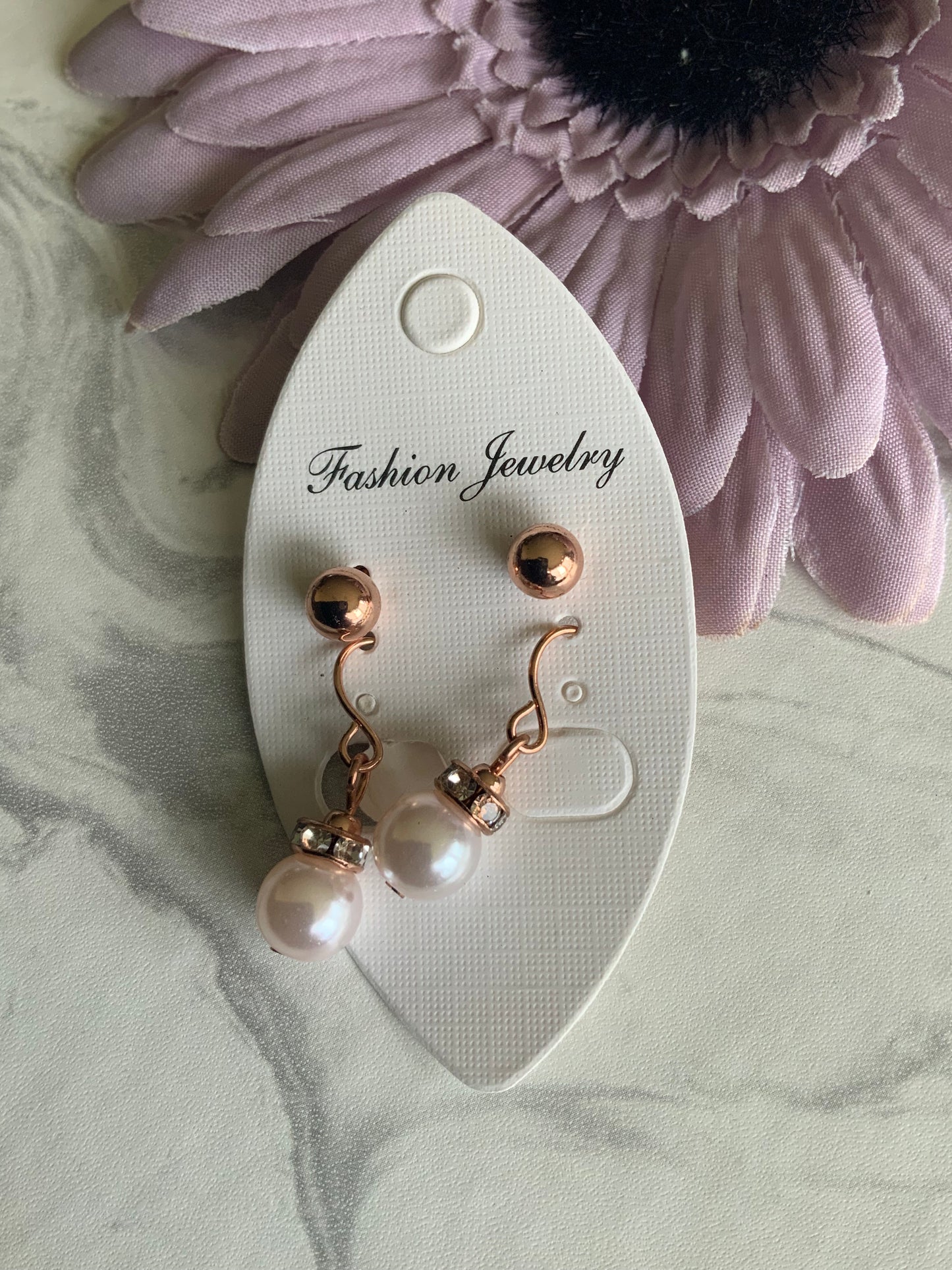 Round Cream Pearl  Rhinestone Drop with Rose Gold Stud Earrings Duo Set Pierced