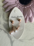 Round Cream Pearl  Rhinestone Drop with Rose Gold Stud Earrings Duo Set Pierced