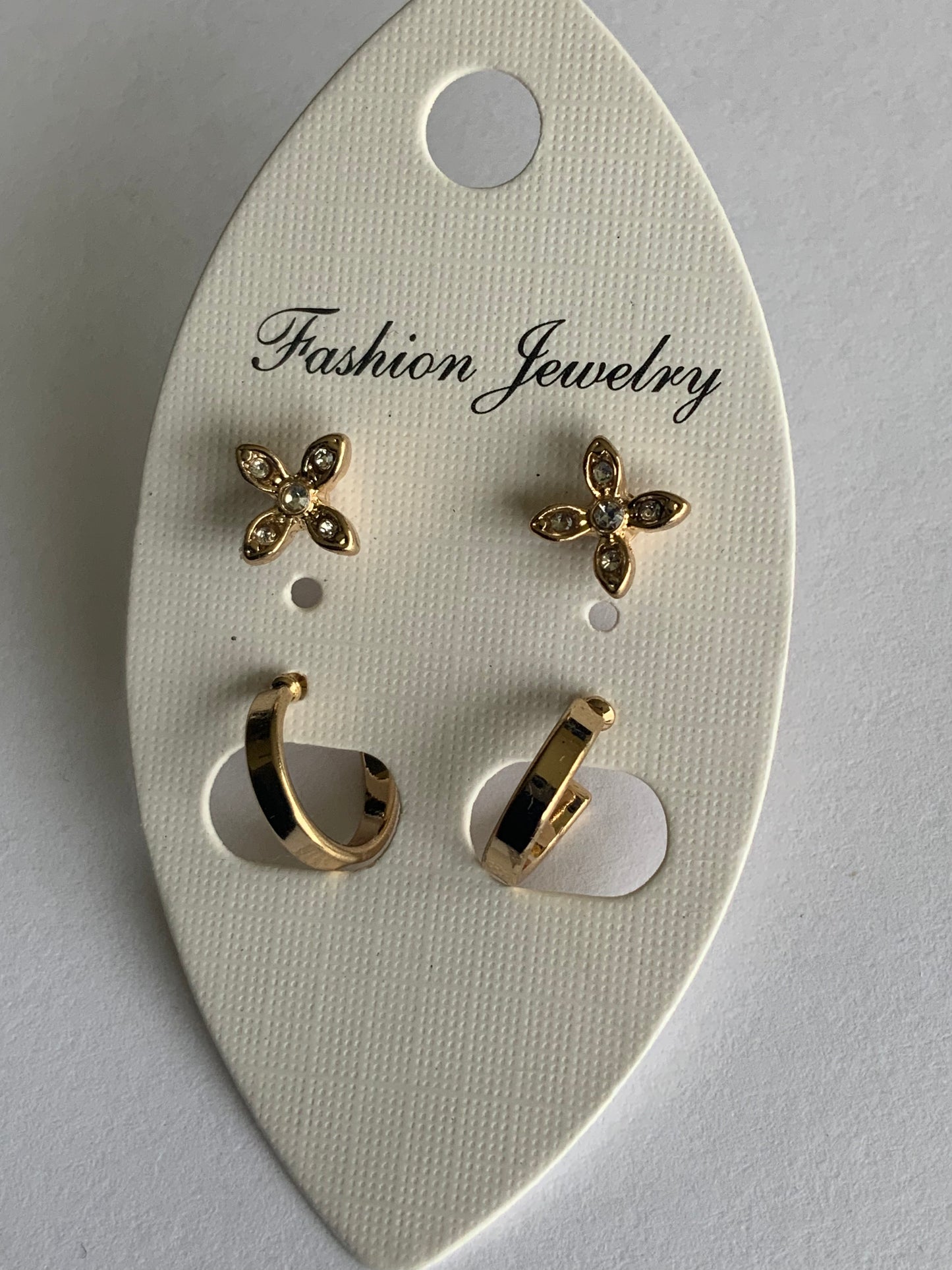 Small Gold Plated Open ended Hoops & Rhinestone Stud Earrings Duo Set Pierced