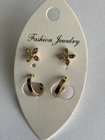 Small Gold Plated Open ended Hoops & Rhinestone Stud Earrings Duo Set Pierced