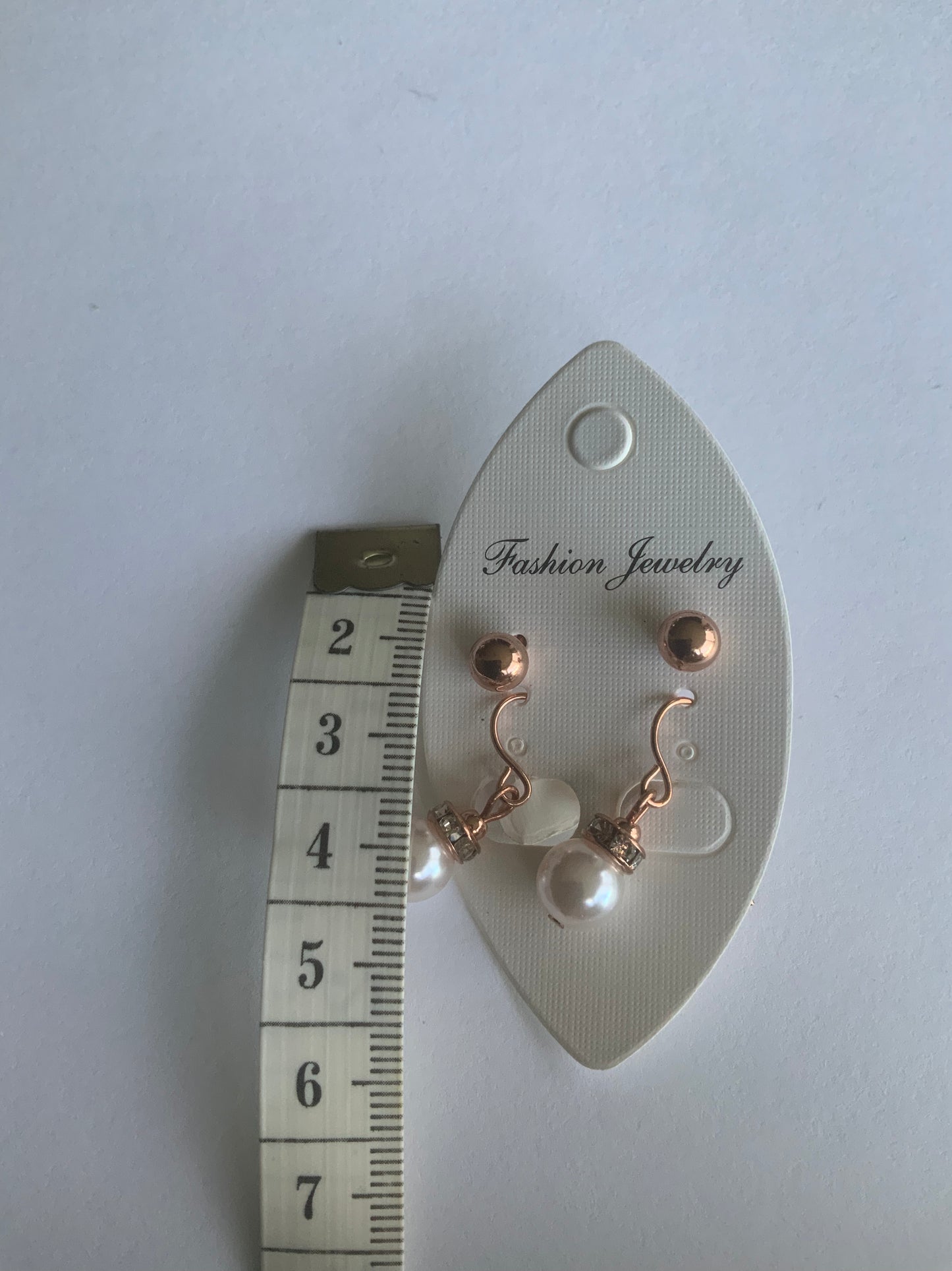 Round Cream Pearl  Rhinestone Drop with Rose Gold Stud Earrings Duo Set Pierced