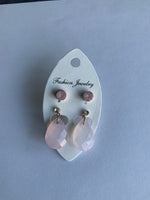 Rose Teardrop Dangle Drop with Round Rose Stud Earrings Duo Set Pierced