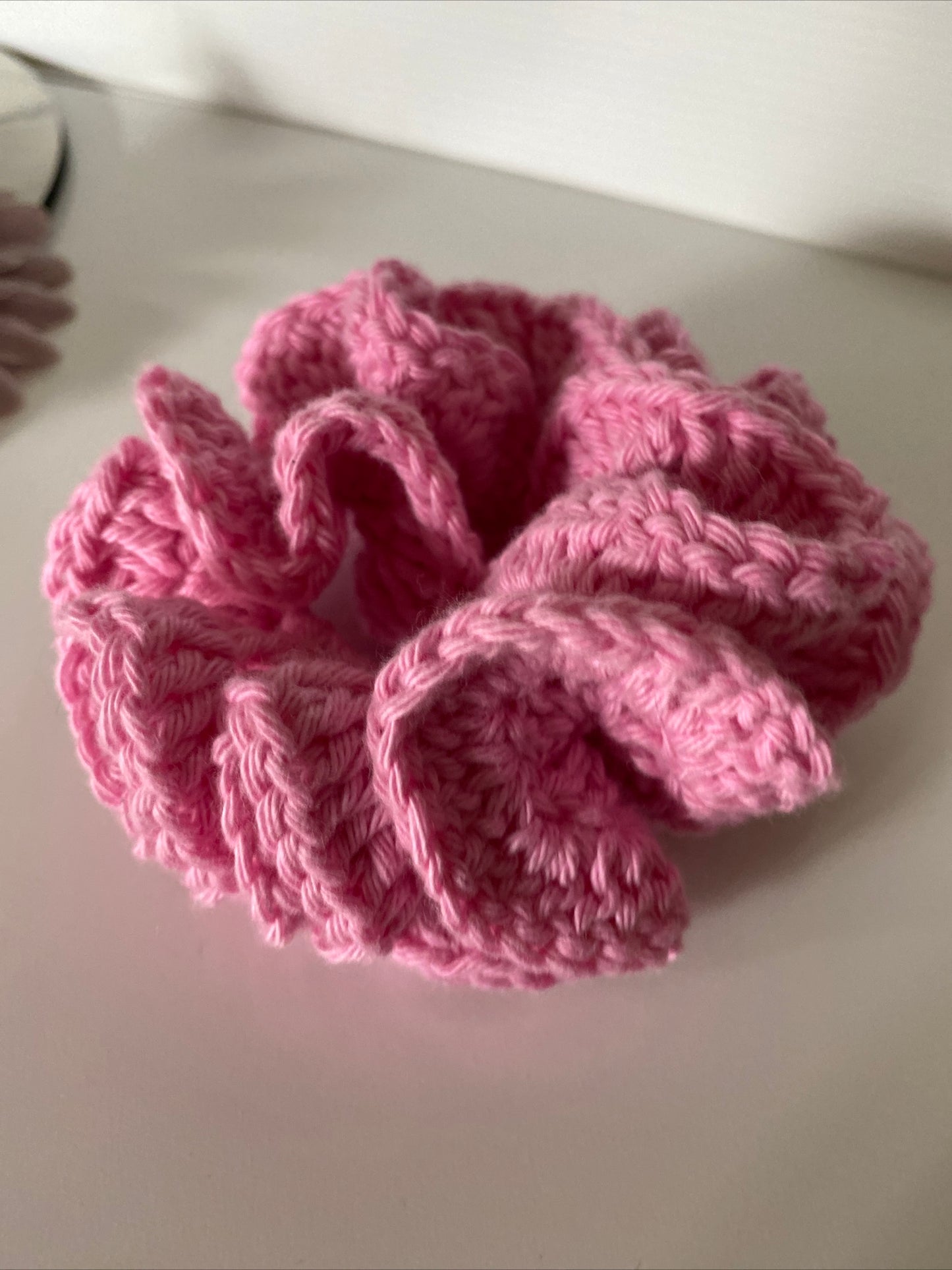 Hair Scrunchie Crochet Handmade Elastised Full Ruffled Rose Pink