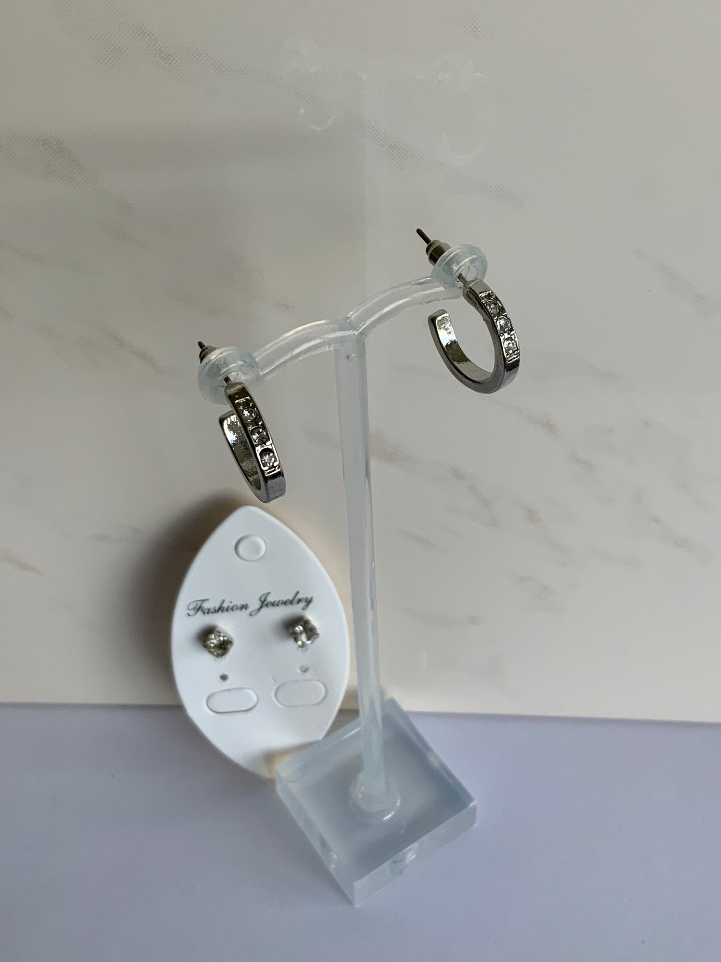 Silver Plated Diamonte unclosed Hoops with Silver Diamonte Stud Earrings Duo Set