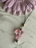 Mobile Phone Dangle Charm Pink Heart Clear Square Silver Plate Accents