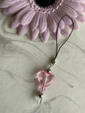 Mobile Phone Dangle Charm Pink Heart Clear Square Silver Plate Accents