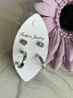 Silver Plated Diamonte unclosed Hoops with Silver Diamonte Stud Earrings Duo Set