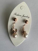 Round Cream Pearl  Rhinestone Drop with Rose Gold Stud Earrings Duo Set Pierced