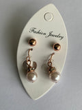 Round Cream Pearl  Rhinestone Drop with Rose Gold Stud Earrings Duo Set Pierced