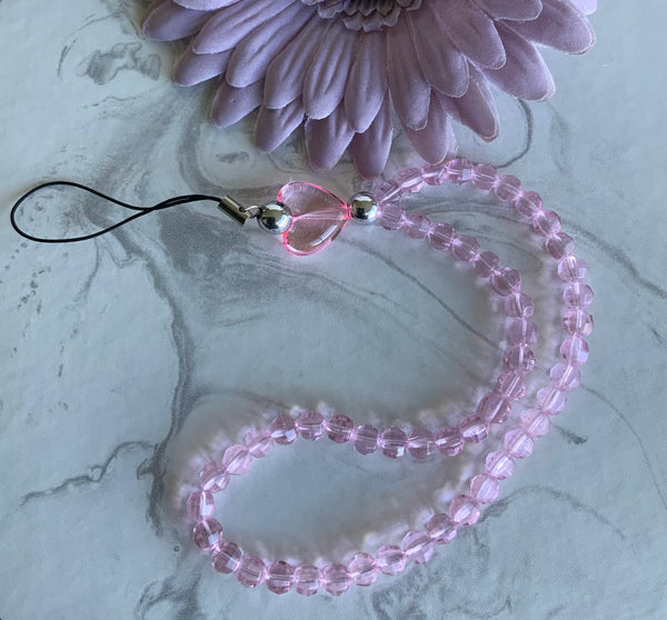 Mobile Phone Beaded Wrist Strap Pink Hearts Wrist Wrap Lightweight Handmade