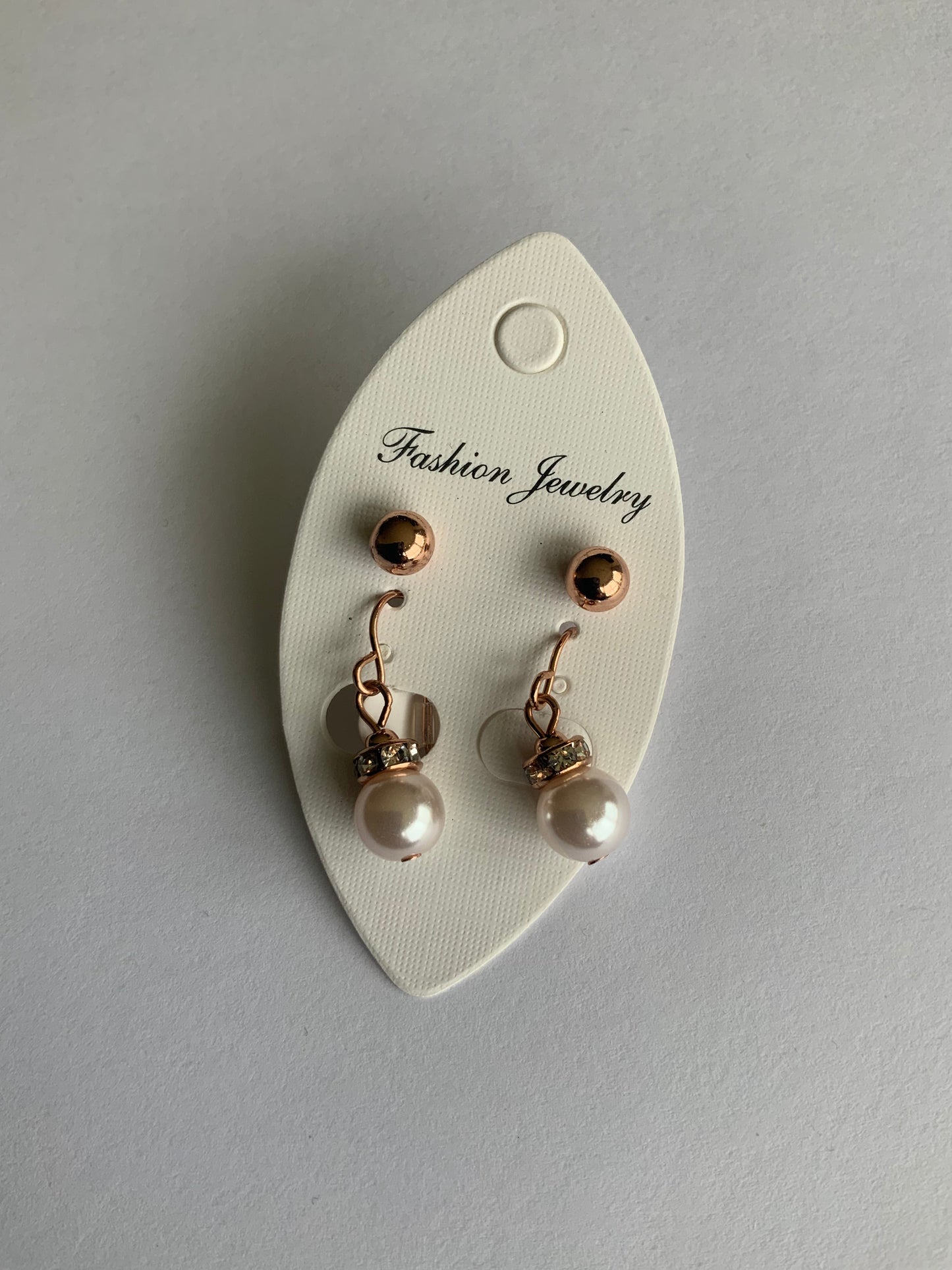 Round Cream Pearl  Rhinestone Drop with Rose Gold Stud Earrings Duo Set Pierced