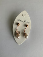 Round Cream Pearl  Rhinestone Drop with Rose Gold Stud Earrings Duo Set Pierced