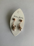Round Cream Pearl  Rhinestone Drop with Rose Gold Stud Earrings Duo Set Pierced