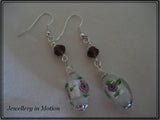 Silver Foil oval flower dangle Earrings Deep Purple Crystals~ Pierced or Clip-On