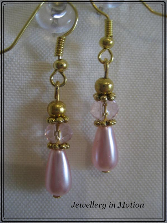 Pink Pearl Teardrop with Crystal Rondelle Earrings Gold tone Pierced or Clip-On