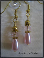 Pink Pearl Teardrop with Crystal Rondelle Earrings Gold tone Pierced or Clip-On