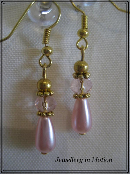 Pink Pearl Teardrop with Crystal Rondelle Earrings Gold tone Pierced or Clip-On