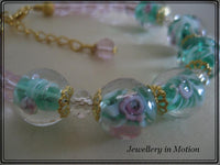 Green Lampwork Glass Bead Bracelet with matching  Earrings Gold tone