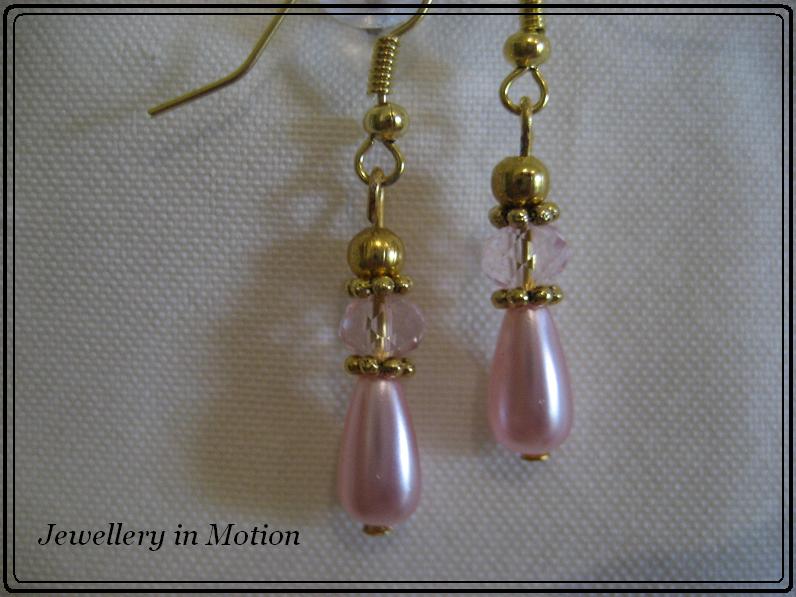 Pink Pearl Teardrop with Crystal Rondelle Earrings Gold tone Pierced or Clip-On