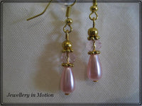 Pink Pearl Teardrop with Crystal Rondelle Earrings Gold tone Pierced or Clip-On