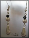 Shiny Silver Rippled Teardrop and Black Crystal Quartz Earrings pierced or Clip-On