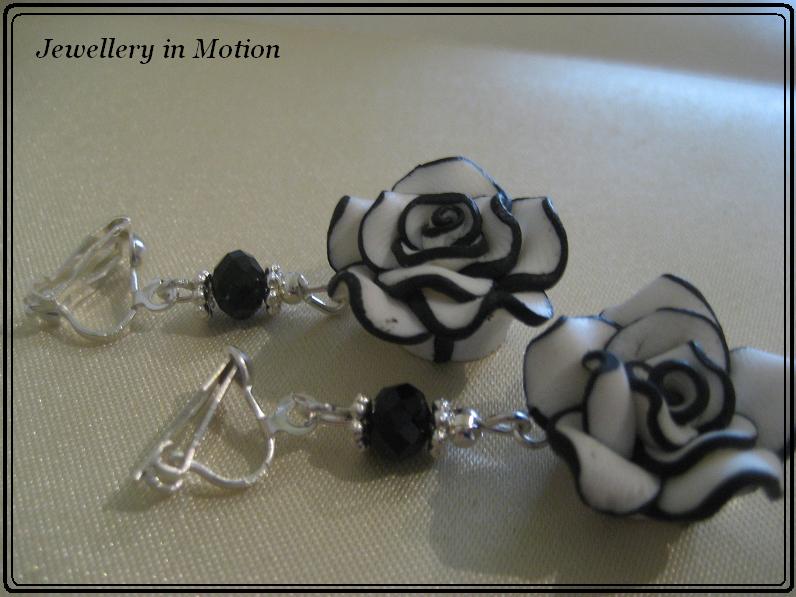 Black & White Rose Dangle Earrings ~ available in Pierced or Clip on your choice