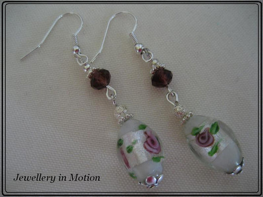 Silver Foil oval flower dangle Earrings Deep Purple Crystals~ Pierced or Clip-On