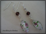 Silver Foil oval flower dangle Earrings Deep Purple Crystals~ Pierced or Clip-On