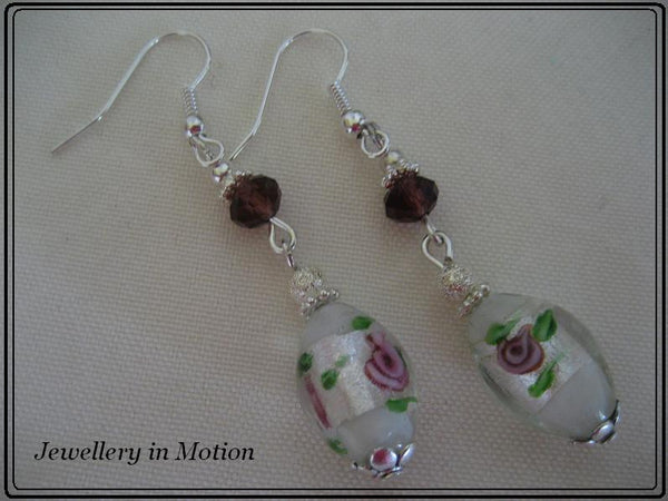 Silver Foil oval flower dangle Earrings Deep Purple Crystals~ Pierced or Clip-On