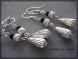 Shiny Silver Rippled Teardrop and Black Crystal Quartz Earrings pierced or Clip-On