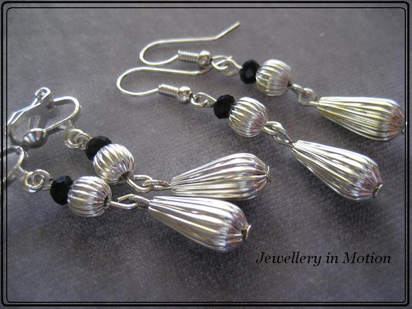 Shiny Silver Rippled Teardrop and Black Crystal Quartz Earrings pierced or Clip-On