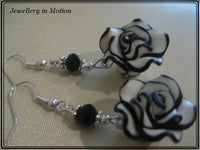 Black & White Rose Dangle Earrings ~ available in Pierced or Clip on your choice