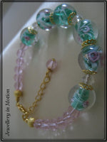 Green Lampwork Glass Bead Bracelet with matching  Earrings Gold tone