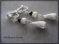 Shiny Silver Rippled Teardrop and Black Crystal Quartz Earrings pierced or Clip-On