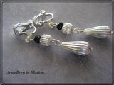 Shiny Silver Rippled Teardrop and Black Crystal Quartz Earrings pierced or Clip-On