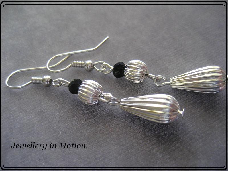 Shiny Silver Rippled Teardrop and Black Crystal Quartz Earrings pierced or Clip-On