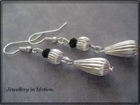 Shiny Silver Rippled Teardrop and Black Crystal Quartz Earrings pierced or Clip-On